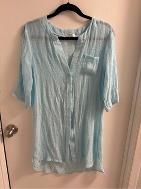 AIMAGE Light Blue Lightweight Gauze Button Down Tunic Top Size Small